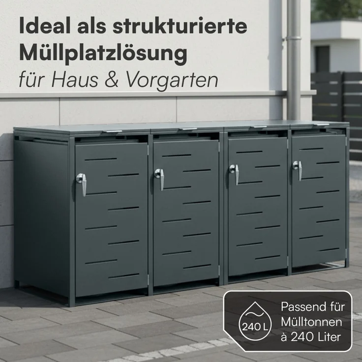 STEELSØN 'Diorus' Mülltonnenbox 4er je 240 Liter, anthrazit, Mülltonnenverkleidung aus Stahl mit Sichtstreifen, wetterfest, 116x80x268 cm, abschließbare Müllbox für 4 Tonnen – Bild 2