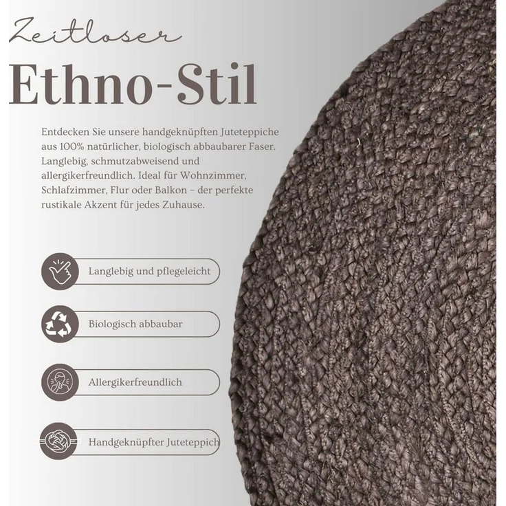 Marrakesch Orient & Mediterran Interior Teppich Ethno Boho Deko Jute Teppich Abrila Rund 80cm Braun, Handarbeit – Bild 1