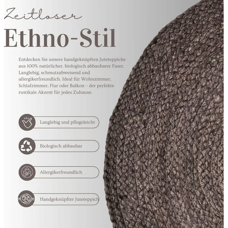 Marrakesch Orient & Mediterran Interior Teppich Ethno Boho Deko Jute Teppich Abrila Rund 80cm Braun, Handarbeit
