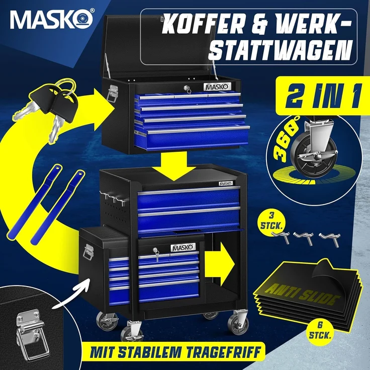 MASKO® Werkstattwagen inkl. Koffer, 9 Fächer, Abschließbar, Massives Metall, Werkzeug-Wagen ohne Werkzeug, Rollwagen zur Werkzeugaufbewahrung, mit Schloss, Blau – Bild 7