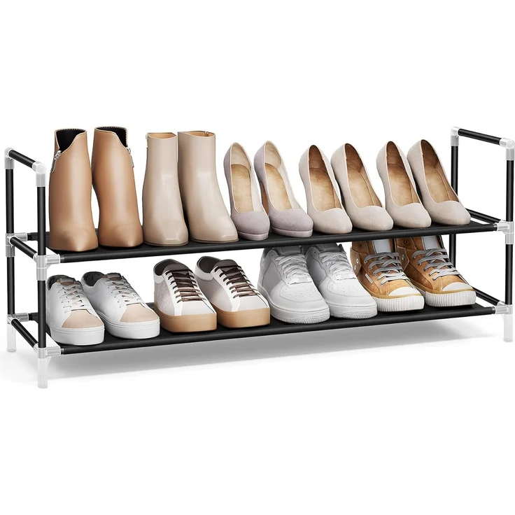 Songmics Schuhregal mit 2 Ebenen, Standregal, Schuhaufbewahrung, platzsparend, Metallrahmen, Vliesstoff, für Wohnzimmer, Eingang, Flur und Garderobe, schwarz LSH052B01