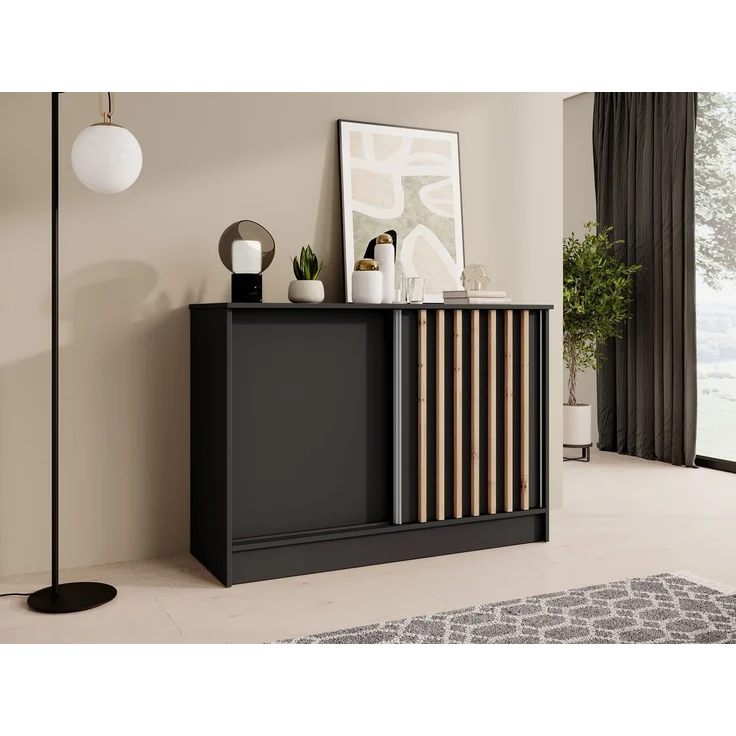 Beautysofa Kommode mit 2 Schiebetüren HORIZON (in 120 cm oder 160 cm, verschiedene Farben: Eiche Artisan, Schwarz, Weiß, Kaschmir), mit dekorativen Lamellen – Bild 5