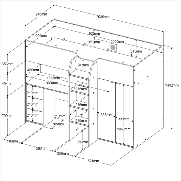 Parisot Hochbett Tom mit Schreibtisch, Schubkästen & Schrank – Bild 14