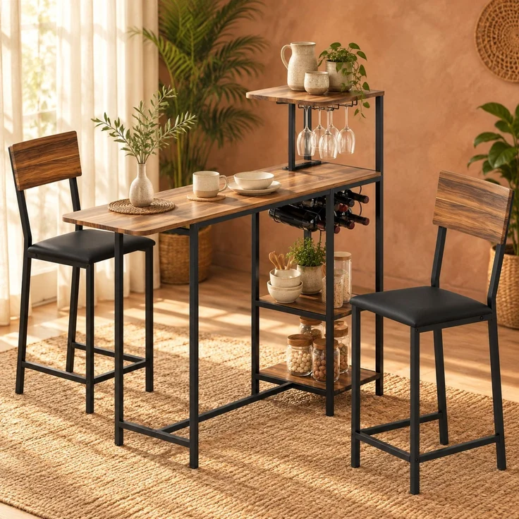 Bartisch-Set 110x40 cm, ausziehbar auf 140x40 cm – mit Weinablage und 2 Barhockern – Bild 3