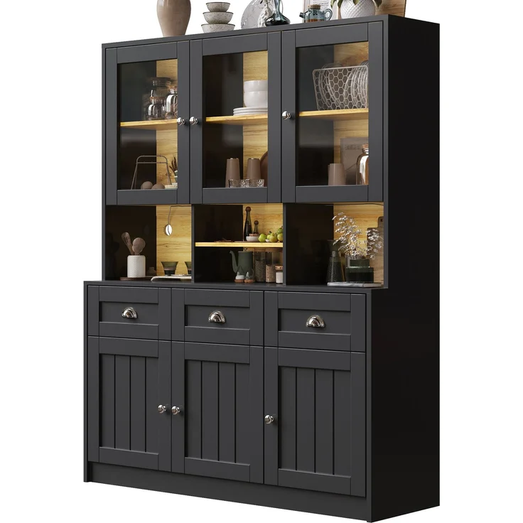 Küchenschrank(140×40×175cm), Hochschrank Küchenbuffet, Vitrinenschrank, Buffetschrank mit Verstellbaren Ablagen, Sideboard mit LED-Beleuchtung,Variable Lichtfarben, Weiß/Schwarz--Schwarz--140x40x175cm--YOUDENOVA – Bild 10
