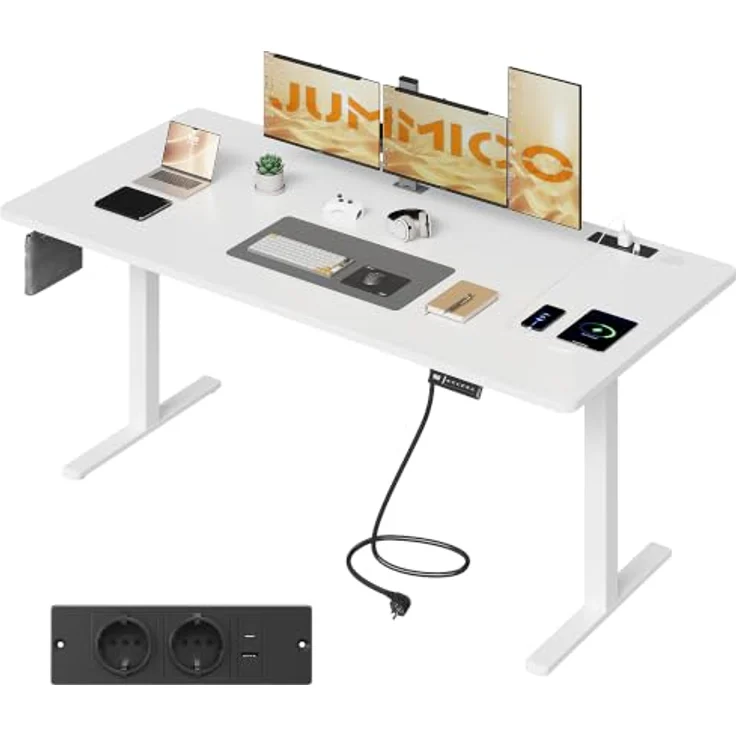 JUMMICO Höhenverstellbarer Schreibtisch 180x80 cm mit Steckdose | Schreibtisch Höhenverstellbar Elektrisch Stehtisch, Steh-Sitz Tisch, Bürotisch Computertisch, Wolkenweiß – Bild 1
