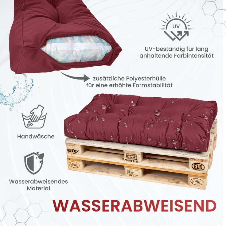 TexDeko® Garden Seitenkissen 60 x 40 x 20/10cm wasserabweisend UV - beständig gesteppt Premium Kissen für Europaletten In- & Outdoor Palettenpolster (Bordeaux) – Bild 3