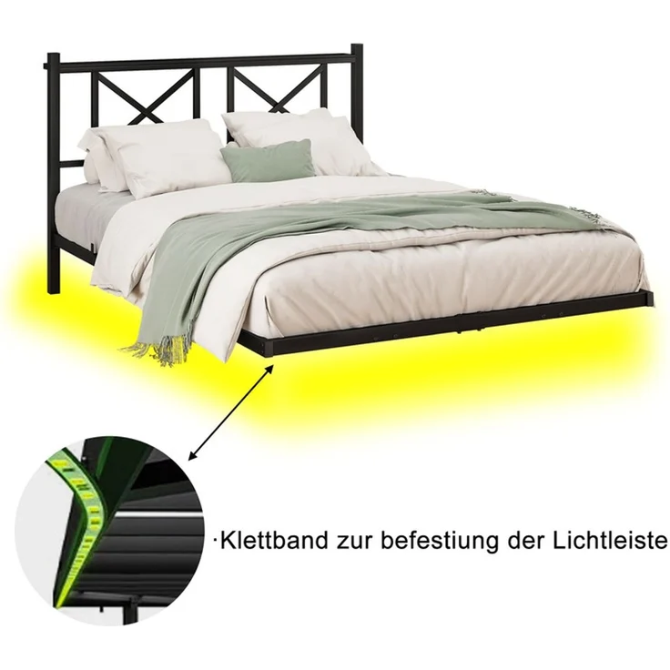 Homerecommend Schwebebett 120x200 cm, Bettrahmen mit LED-Beleuchtung, Steckdose und 2 USB-Anschlüssen, Vintage Schwarz – Bild 8
