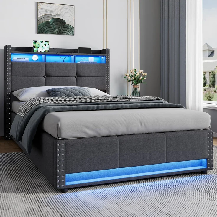 Einzelbett 90x200 cm mit LED-Beleuchtung, Ladefunktion und hydraulischem Stauraum – ohne Matratze – Bild 4