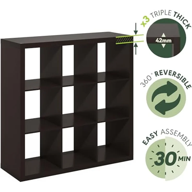 Furinno Cubicle Bücherregal, 9-Fächer Würfelregal, dreifach verstärkter Rahmen, 38,8 x 111 x 110,1 cm, für Wohnzimmer, Schlafzimmer, Heimbüro, Schwarzes Dunkles Eichen – Bild 7