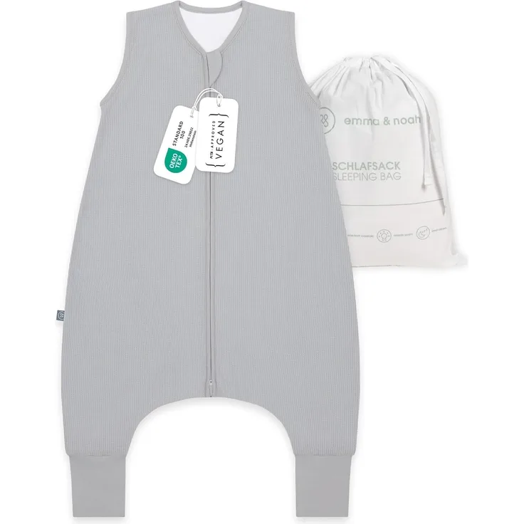 emma & noah Baby Schlafsack mit Füßen 1.0 TOG, Ganzjahres Schlafsack mit Beinen für den Frühling, Sommer und Herbst, 100% Bio-Baumwolle, Oeko-TEX Zertifiziert (Essential Grau, 90 cm)