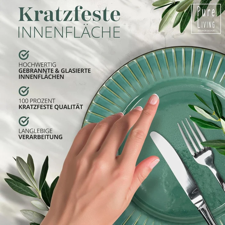Steingut 36-teiliges Gerilltes Geschirrset – Schwarze und grüne Farben, Hochwertiges Essgeschirr für 12 Personen, Spülmaschinen- und Mikrowellengeeignet - Schüssel- und Teller Set " – Bild 3