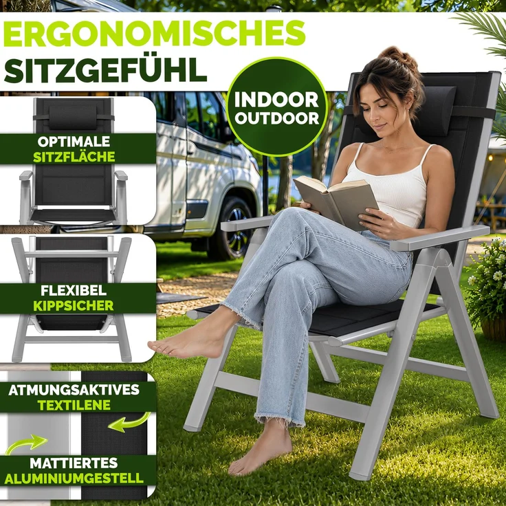 tillvex Gartenstuhl mit Polster Premium 1 Stück Silber klappbar aus Aluminium | Hochlehner mit Armlehnen | Klappstuhl verstellbar | Klappsessel Balkon Garten Terrasse – Bild 5
