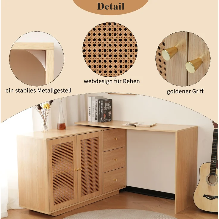 Schreibtisch aus MDF mit 360°-Schwenkfunktion und Stauraum, 126 cm, Naturholzfarben – Bild 8