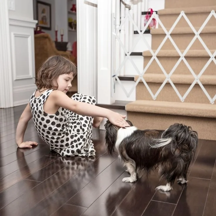 Relaxdays Hundegitter, ausziehbar bis 118 cm, 69-82,5 cm hoch, Hunde Schutzgitter für Treppe & Tür, Weiß – Bild 3