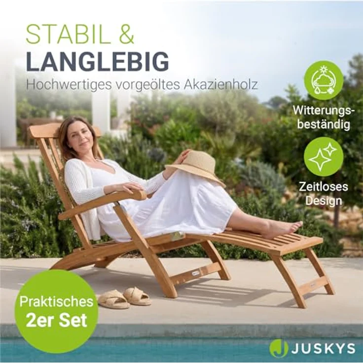 Juskys Gartenliege Evia, 2 St., Klappbar aus geöltem Akazienholz, 4-fach verstellbare Rückenlehne, Natur – Bild 3