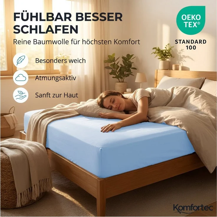 Komfortec Spannbettlaken Jersey Spannbettuch, 90x200, 140x200, 160x200, 180x200 oder 200x200 cm, 100% Baumwolle (135 g/m), Gummizug: Rundum, (2 Stück), OEKO-TEX® Standard 100 Zertifisiert, für Matratzen bis 25 cm Höhe – Bild 4