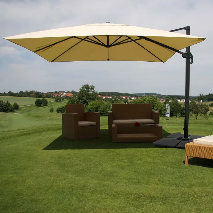 Gastronomie-Ampelschirm HWC-A96, Sonnenschirm, 3x4m (Ø5m) Polyester/Alu 26kg ~ creme mit Ständer