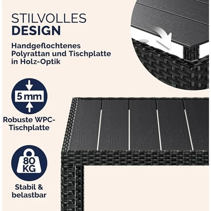 Casaria Garten-Essgruppe, Polyrattan 4 Stühle Stapelbar 90x90cm Esstisch WPC Holz Wetterfest – Bild 5