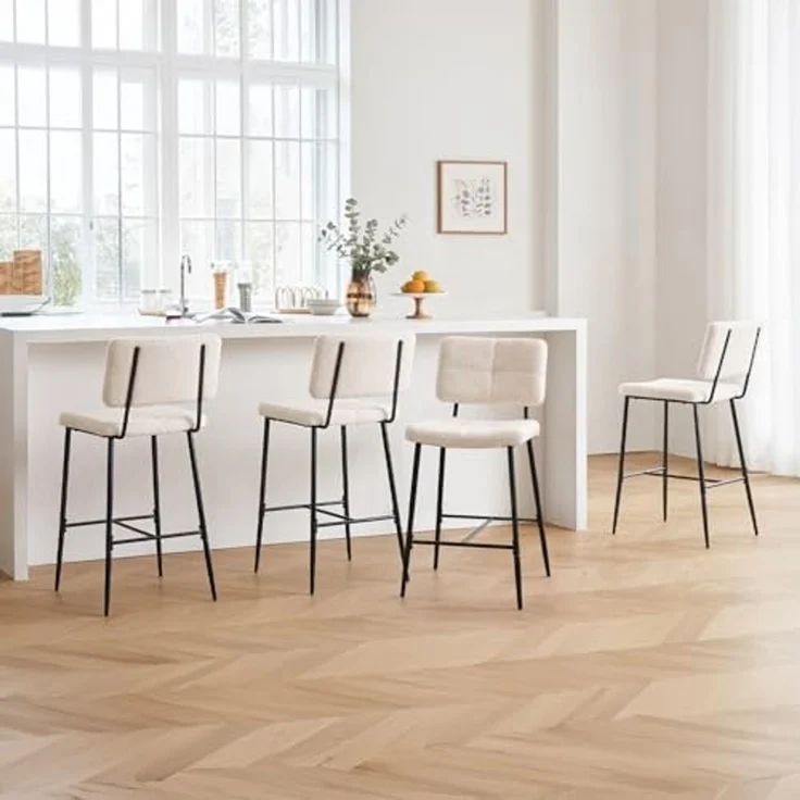 MEUBLE COSY Barhocker 4er Set Barstuhl Sitzhöhe 75 cm mit Lehne und Fußstütze aus Bouclé-Stoff Tresenhocker Bistrohocker für Bar Bistro Café Küche, Industriell, Beige – Bild 2