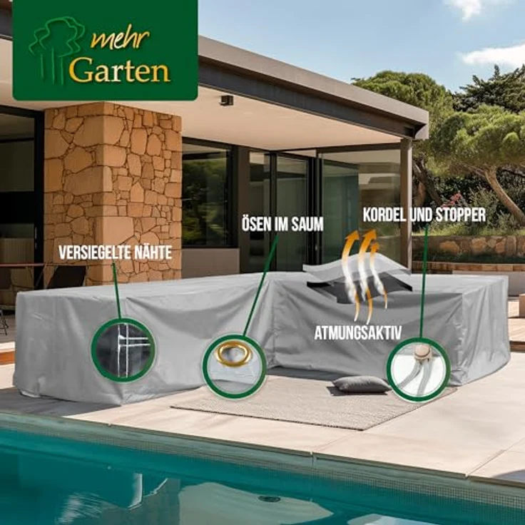 Mehr Garten Premium Protect Lounge Abdeckung L-Form, 270x270x80 cm, hellgrau, wasserdicht, UV-beständig und atmungsaktives 2-lagiges Polyestergewebe – Bild 4