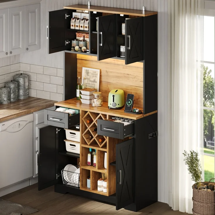 Küchenschrank, hoher Stauraumschrank mit LED-Beleuchtung, Vorratsschrank mit Weinregalen, Weinschrank & Vitrinenschrank für Wohnzimmer und Esszimmer, 180 × 105 × 40 cm--Natur2 + Schwarz--105x40x180cm--YOUDENOVA – Bild 2