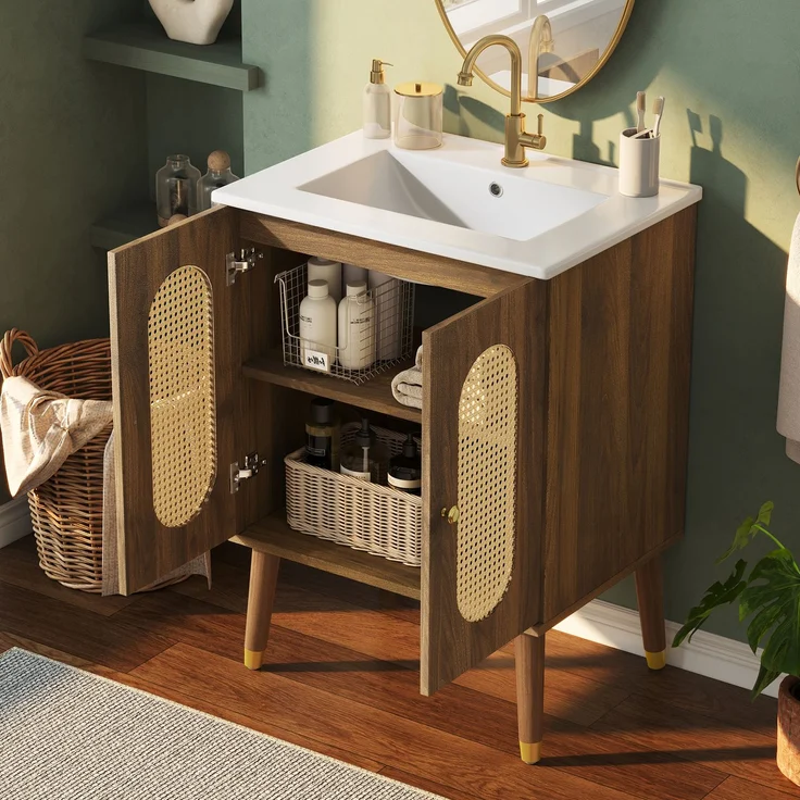 Waschbeckenunterschrank 61 x 47 x 89 cm aus MDF mit Keramikbecken und Rattan-Doppeltüren – Bild 2