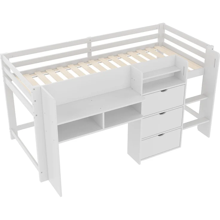 Kindereinzelbett 90×200 cm aus Massivholz und MDF mit Schreibtisch und Treppe, weiß – Bild 5