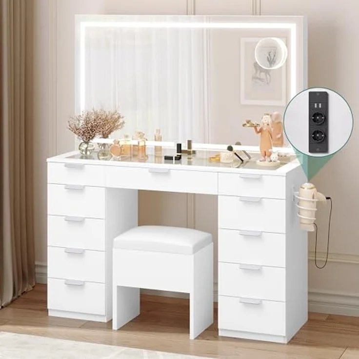 YITAHOME Schminktisch mit LED-Beleuchtung, 3 Farben mit Einstellbarer Helligkeit, Frisiertisch mit Spiegel für Make-up, Kosmetiktisch mit Steckdose, 11 Schubladen, modern, weiß – Bild 3