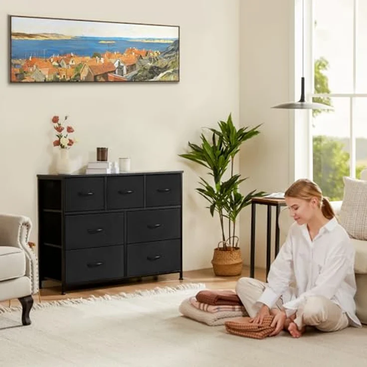 Sweetcrispy Kommode für Schlafzimmer, breite Schublade Kommode, 7 Stoffschubladen mit Griffen, Schrank, TV Stand für Schlafzimmer, Schrank, Wohnzimmer, Kinderzimmer – Bild 3