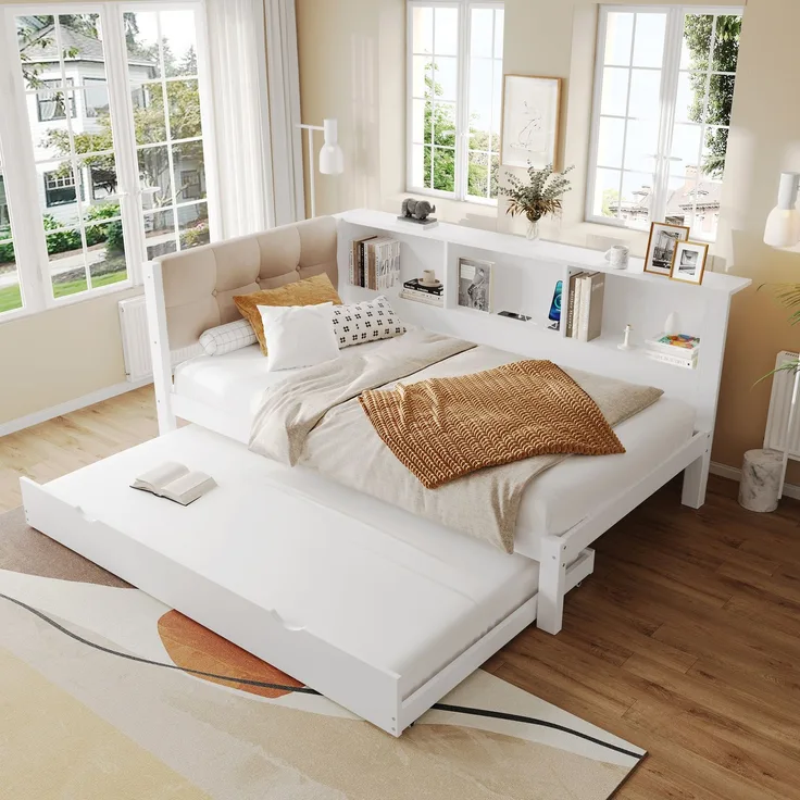 Merax Daybett, Tagesbett, Schlafsofa, 90x200cm, Einzelbett(Ohne Matratze), mit ausziehbarem Bett, mit dimmbarer LED-Leiste, mit praktischem Regal, mit USB-Anschluss, 90x200cm, Kiefernholz, Weiß