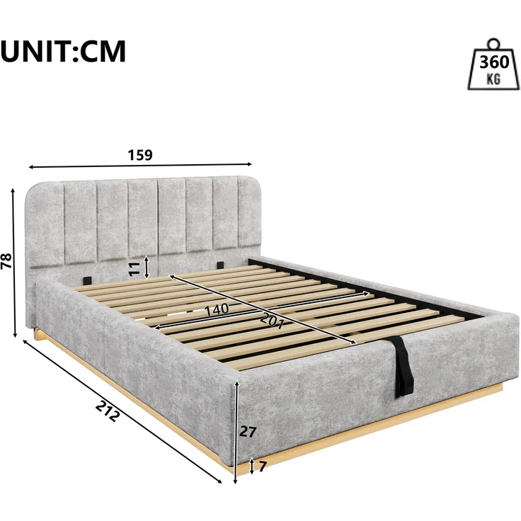 Polsterbett, Doppelbett, 140 x 200 cm, Bett mit Lattenrost, Kopfteil,Gepolstertes Kopfteil,Hydraulische Lagerung, Mit LED-Lichtleiste, Ohne Matratze, Hellgrau Chenille – Bild 7