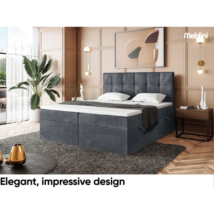MEBLINI Boxspringbett KAI 140x200cm - H3/Dunkelgrau Samt - mit Bettkasten - Gepolstert Doppelbett mit Matratze und Topper - Polsterbett mit Stauraum - Bett mit Kopfteil – Bild 3