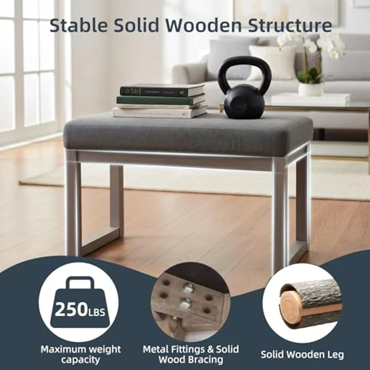 CangLong 70cm Rechteckiger Fußhocker Bequemer Stoff gepolstert Holzbank Sitz für Wohnzimmer, Schlafzimmer & Outdoor, Grau – Bild 4