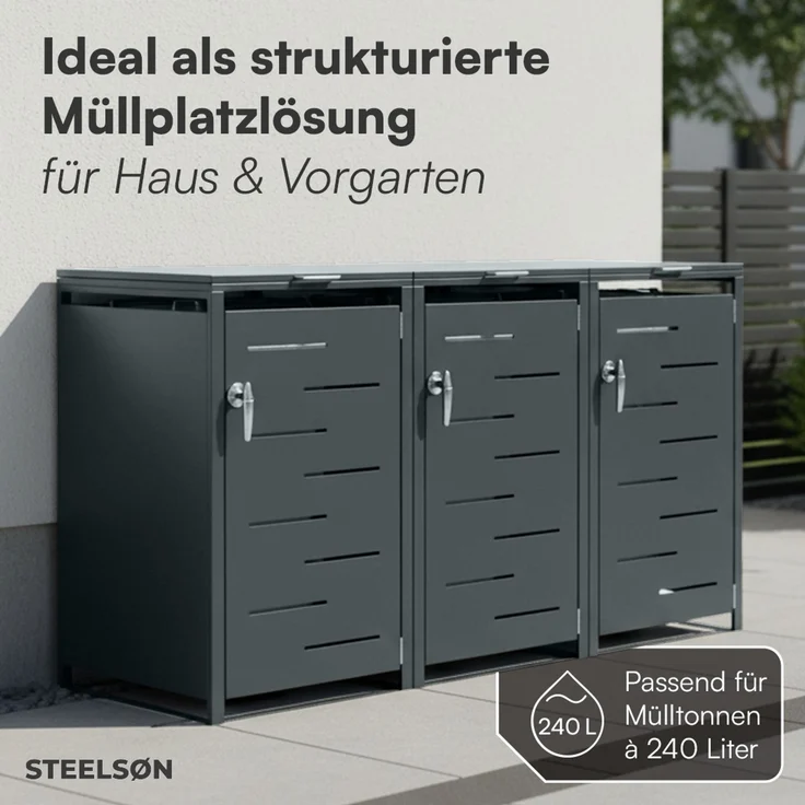 STEELSØN 'Diorus' Mülltonnenbox 3er je 240 Liter, anthrazit, Mülltonnenverkleidung aus Stahl mit Sichtstreifen, wetterfest, 116x80x203 cm, abschließbare Müllbox für 3 Tonnen – Bild 2