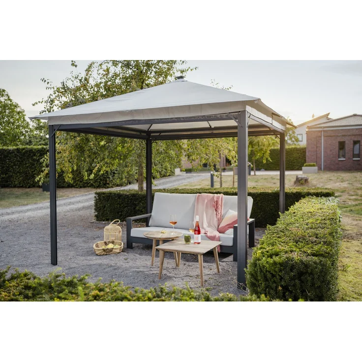 LECO Solarpavillon LINA mit LED und Gittergewebe-Rollos, Aluminium- und Stahlrohrgestell anthrazit, Polyesterdach lichtgrau, 3x3 m – Bild 10