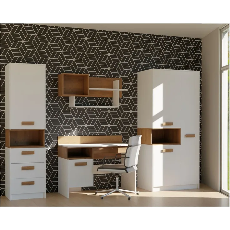 Marmex Möbel Grant Set-A Jugendzimmer Komplett-Set 4-teilig mit Kleiderschrank, Schreibtisch, Wandregal, geschlossenes Regal, Kinderzimmermöbel mit Schreibtisch, laminierte Spanplatte, Kleiderstange, weiß+riviera Eiche, 250x195x55 cm