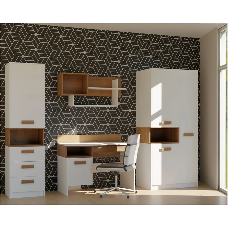 Marmex Möbel Grant Set-A Jugendzimmer Komplett-Set 4-teilig mit Kleiderschrank, Schreibtisch, Wandregal, geschlossenes Regal, Kinderzimmermöbel mit Schreibtisch, laminierte Spanplatte, Kleiderstange, weiß+riviera Eiche, 250x195x55 cm – Bild 1