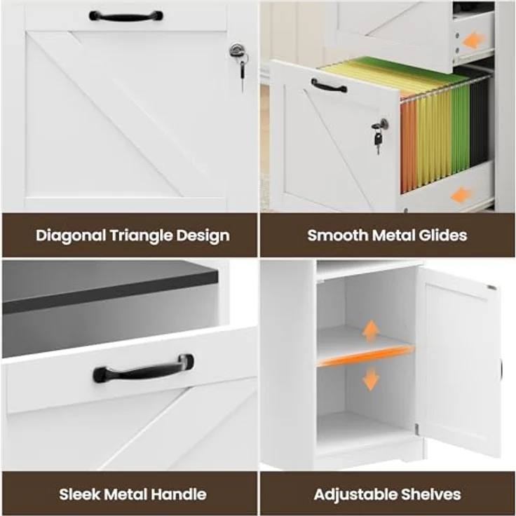 COLAMY 160 cm Landhaus L‑förmiger Schreibtisch, Eckschreibtisch mit Schubladen und Ablageboden, Home‑Office Schreibtisch mit Steckdose, Monitorständer, Holzmaserung Desktop, Weiß & Schwarz – Bild 8