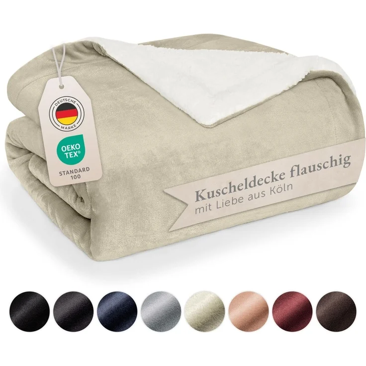 Blumtal Premium Sherpa Kuscheldecke 150x200 cm - warme Decke Oeko-TEX® zertifizierte Dicke Sofadecke, Tagesdecke oder Wohnzimmerdecke, Sand - beige