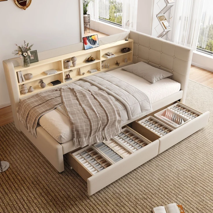 Daybett 90x200 cm mit 2 Schubladen, USB- & Typ-C-Anschlüssen, gepolstertem Leinenbezug und elegantem Knopfdesign, Beige – Bild 2