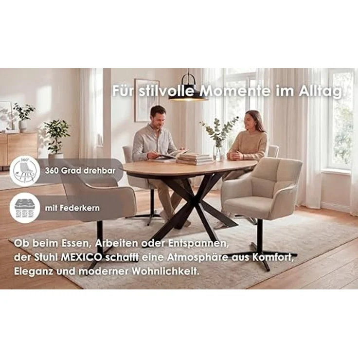 byLIVING 2er Set Esszimmerstuhl Mexico, Polsterstuhl mit Armlehne, 360 Grad drehbar, Taschenfederkern-Polsterung, Stativfuß Metall Schwarz, Strukturstoff Grau, Maße: B 65, H 87, 67 cm – Bild 4