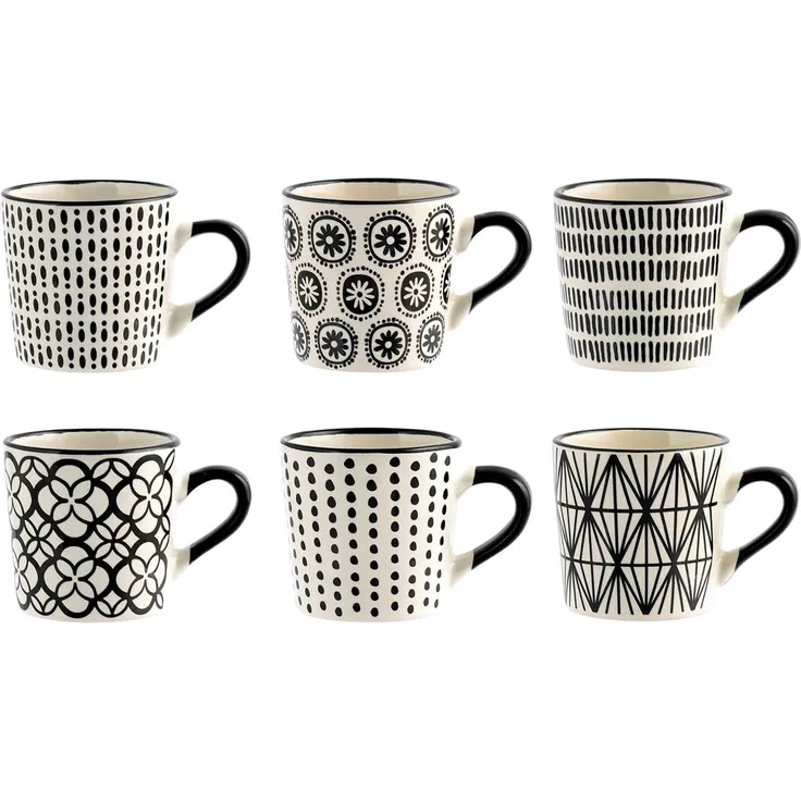 H & H Vhera Set 6 KaffeeTasse, Steinzeug, Weiß Schwarz, 90 ml