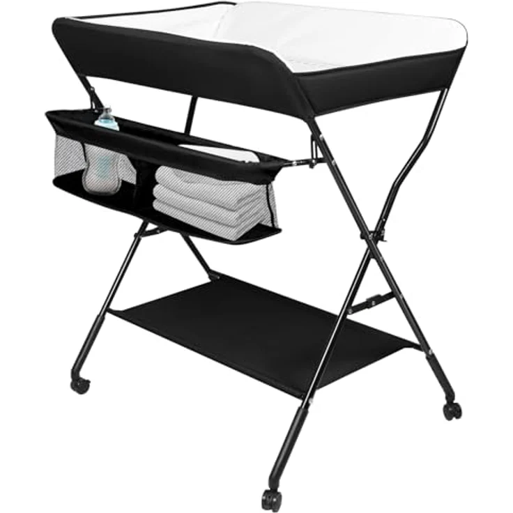 Wickeltisch - höhenverstellbare Wickelkommode für Unterwegs, hochwertige Stoffqualität, Klappwickeltisch mit Rollen und Stauraum, Reisewickelkommode Mit Rollen-86 * 62 * 96 cm-schwarz – Bild 2