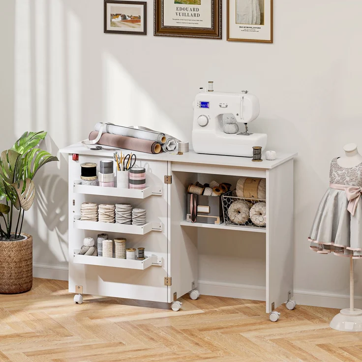 Wohnora-Klappbarer Nähtisch mit ausklappbarer Tischplatte, Aufbewahrungsboxen, offenem Regal und Rollen, weiß,H 775cm x T 1170cm x B 400cm – Bild 4