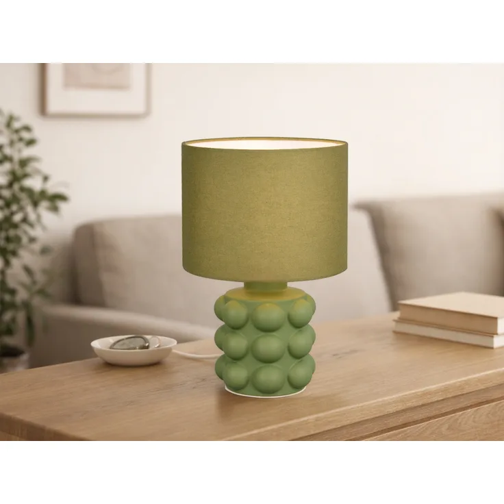 Retro LED Tischlampe mit Keramikfuß & Stoffschirm Grün, Höhe 30cm