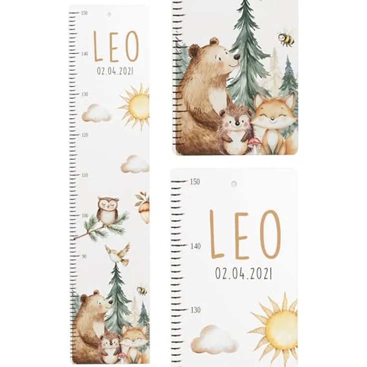 Kidsmood - Personalisierte Messlatte Kinder Aluverbund – Hochwertige Messleiste & Wand-Deko für Kinderzimmer mit liebevollem Fröhliche Waldtiere – Tolles Geschenk zur Geburt- (65-140cm)