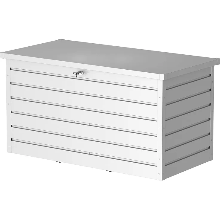 Duramax Palladium Kissenbox aus Metall XL (1043 L) mit hydraulischer Gasdruckfeder und abschließbarem Griff mit Schlüssel, Terrassenbox und Gartenmöbelaufbewahrung, silver