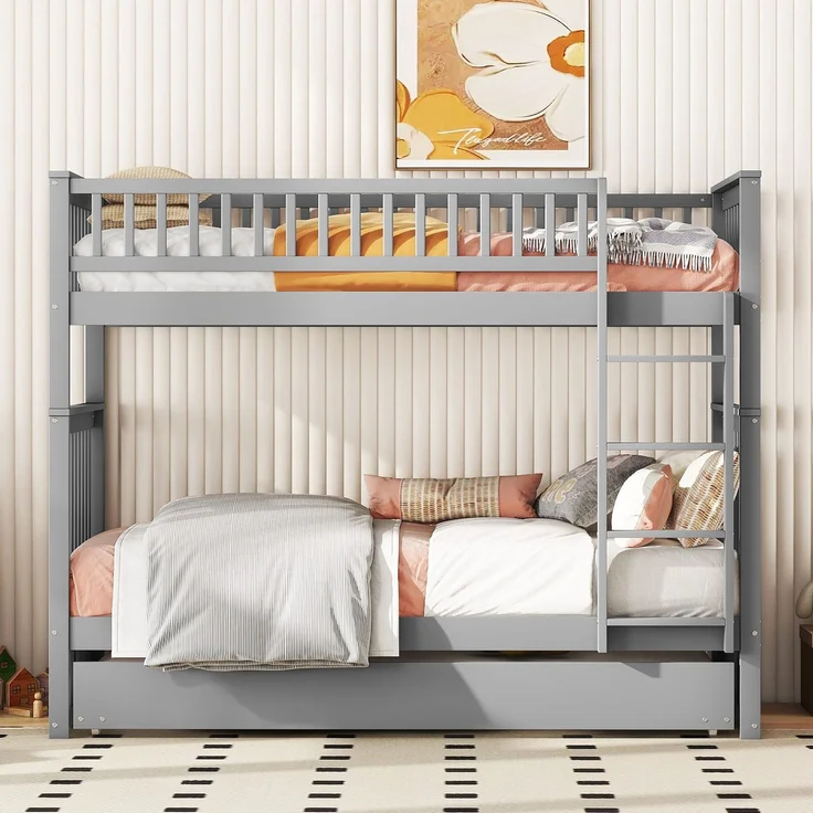 Etagenbett mit 2 Liegeflächen, Ausziehbett, Lattenrost, Leiter und Rausfallschutz, 90x200 cm, Kinderbett umbaufähig zu 2 Einzelbetten, Kiefer – Bild 3