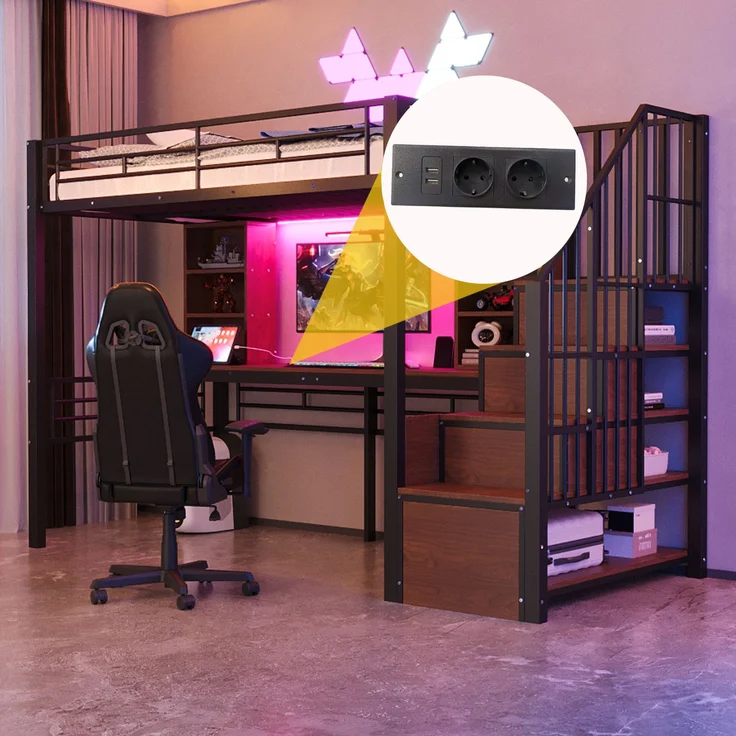 Merax Hochbett Kinderbett 90×200 cm, Jugendbett, Einzelbett mit Ablage, Schreibtisch, Steckdose und LED-Beleuchtung, Integrierter Stauraumtreppe (links/rechts montierbar), Schwarz – Bild 8